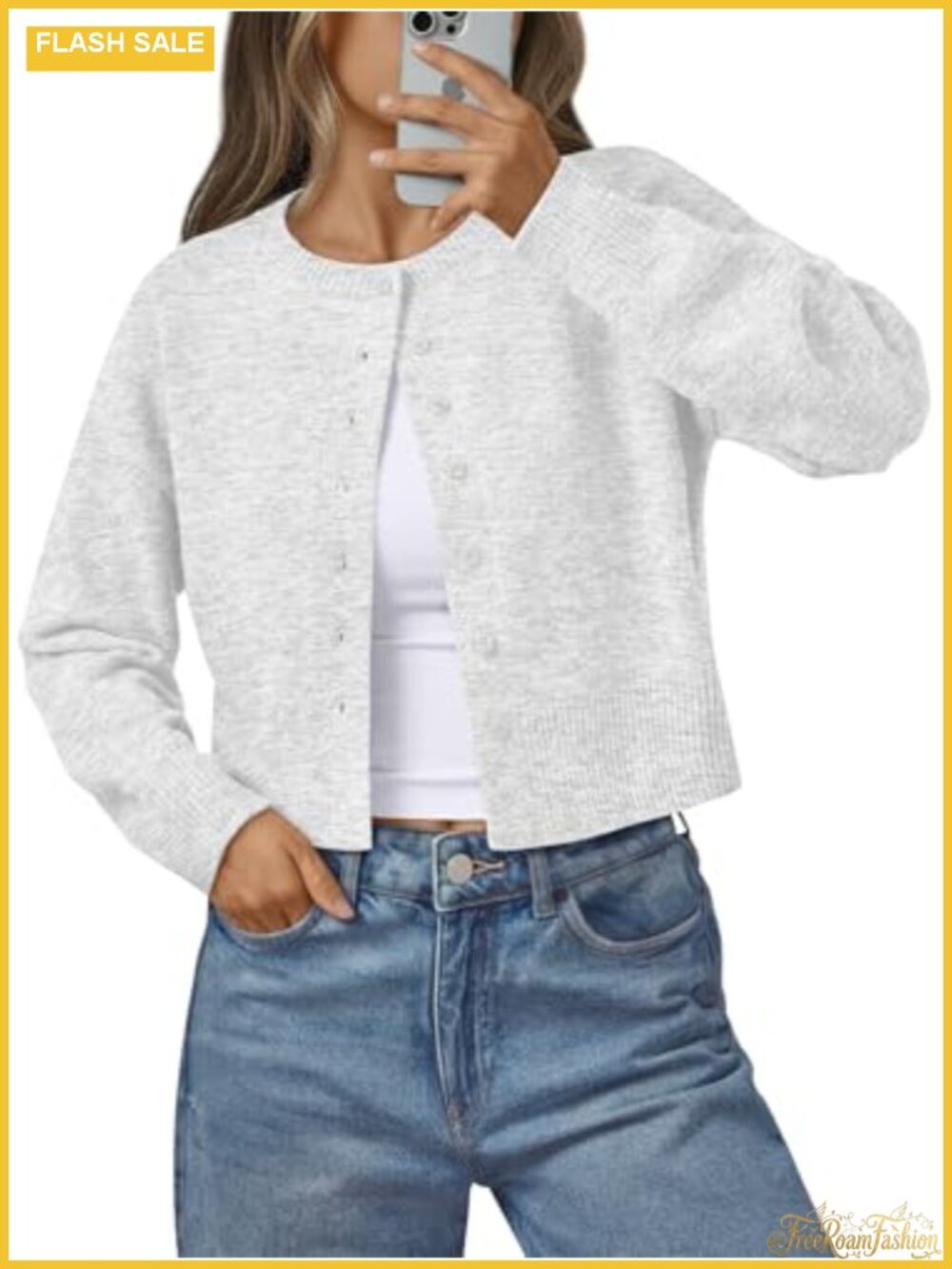 Lightweight Cropped Knit Cardigan Button Front Crew Neck Sweater